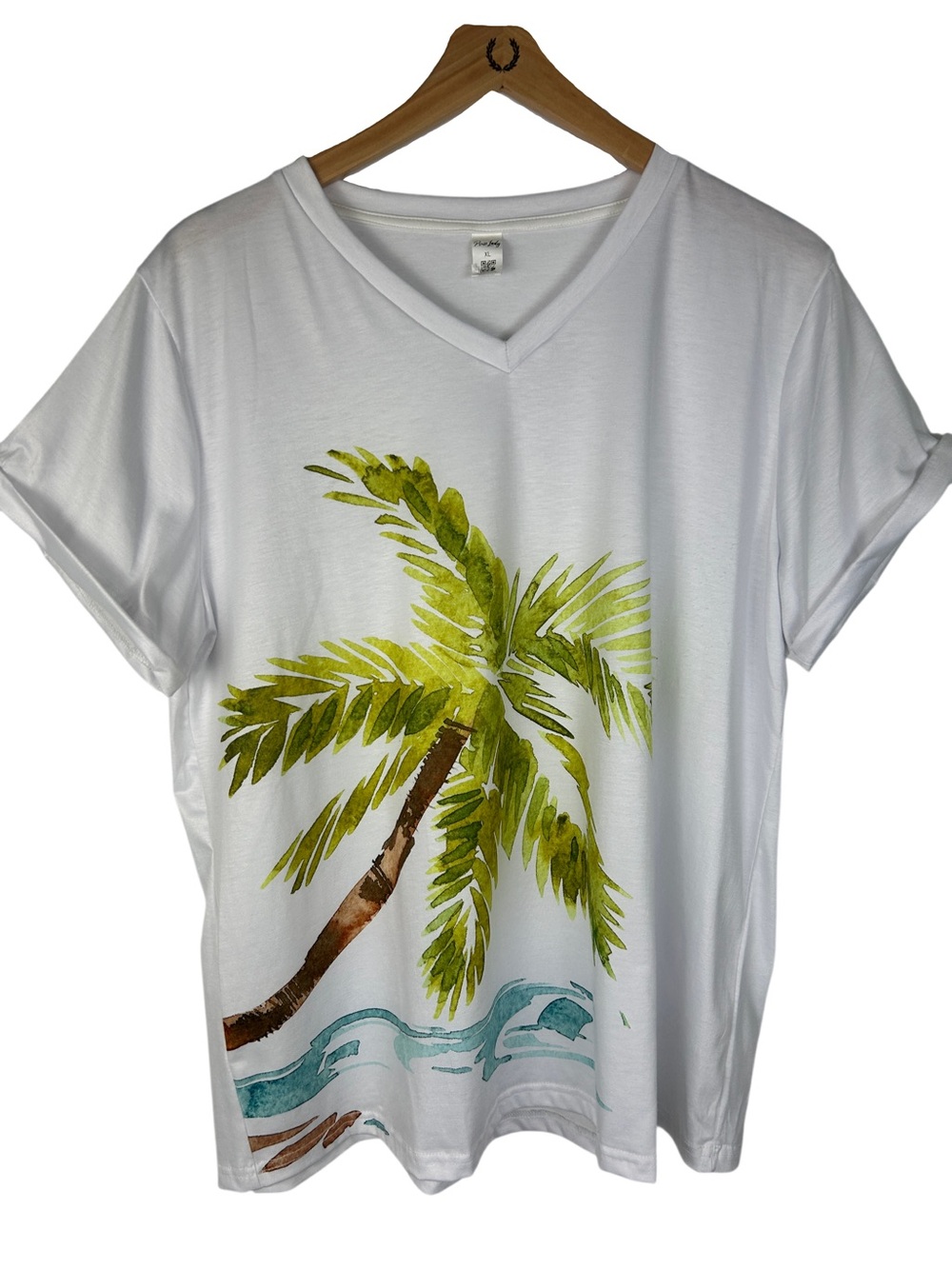 White V-Neck Palm Tree Graphic Tee - Women